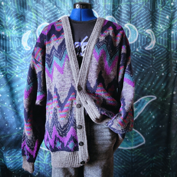 Vintage Jed Wear Abstract Knit Eclectic Grandpa V-neck Unisex Cardigan - Size L - Picture 3 of 9